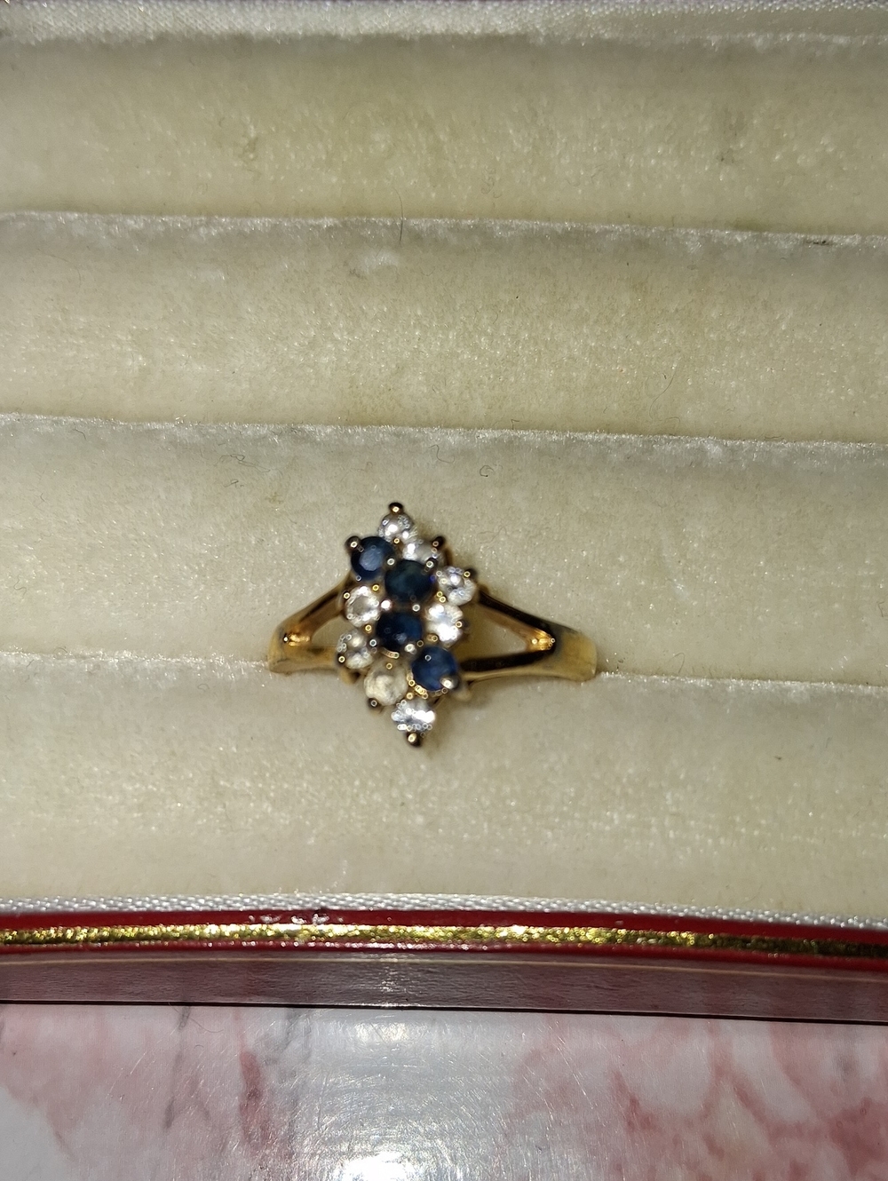 Classic Gold Ring with Blue Sapphire and White Stones